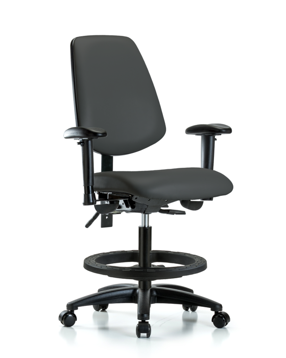 Blue Ridge Ergonomics VMBCH-MB-RG-T0-A1-BF-RC-8605 Rutledge Vinyl Chair - Medium Bench Height with Medium Back, Adjustable Arms, Black Foot Ring, & Casters in Charcoal Trailblazer™ Vinyl