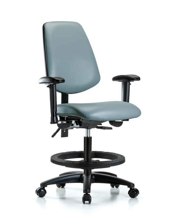 Blue Ridge Ergonomics VMBCH-MB-RG-T0-A1-BF-RC-8822 Rutledge Vinyl Chair - Medium Bench Height with Medium Back, Adjustable Arms, Black Foot Ring, & Casters in Storm Supernova™ Vinyl