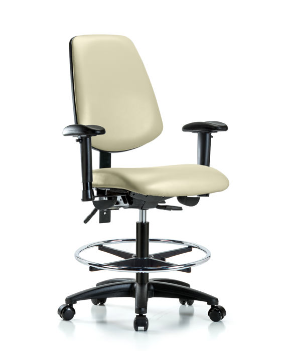 Blue Ridge Ergonomics VMBCH-MB-RG-T0-A1-CF-RC-8501 Rutledge Vinyl Chair - Medium Bench Height with Medium Back, Adjustable Arms, Chrome Foot Ring, & Casters in Adobe White Trailblazer™ Vinyl