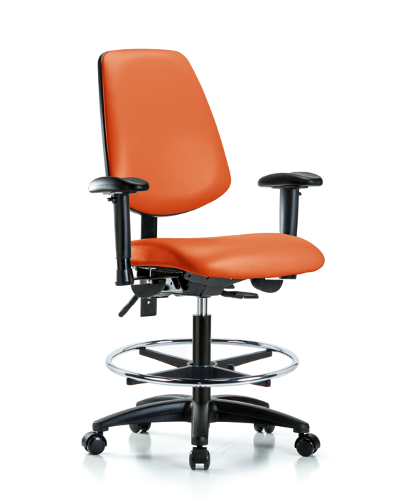 Blue Ridge Ergonomics VMBCH-MB-RG-T0-A1-CF-RC-8613 Rutledge Vinyl Chair - Medium Bench Height with Medium Back, Adjustable Arms, Chrome Foot Ring, & Casters in Orange Kist Trailblazer™ Vinyl