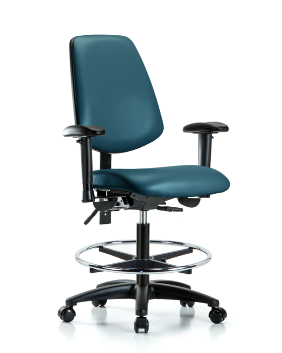 Blue Ridge Ergonomics VMBCH-MB-RG-T0-A1-CF-RC-8801 Rutledge Vinyl Chair - Medium Bench Height with Medium Back, Adjustable Arms, Chrome Foot Ring, & Casters in Marine Blue Supernova™ Vinyl