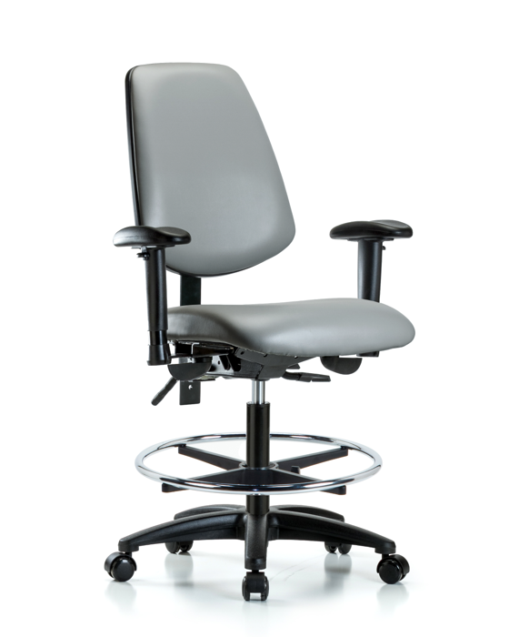 Blue Ridge Ergonomics VMBCH-MB-RG-T0-A1-CF-RC-8840 Rutledge Vinyl Chair - Medium Bench Height with Medium Back, Adjustable Arms, Chrome Foot Ring, & Casters in Sterling Supernova™ Vinyl