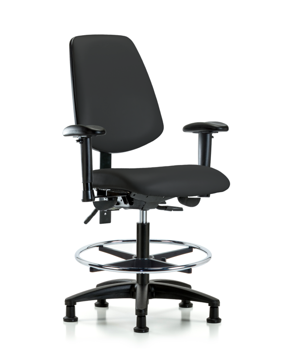 Blue Ridge Ergonomics VMBCH-MB-RG-T0-A1-CF-RG-8540 Rutledge Vinyl Chair - Medium Bench Height with Medium Back, Adjustable Arms, Chrome Foot Ring, & Stationary Glides in Black Trailblazer™ Vinyl