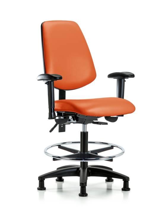 Blue Ridge Ergonomics VMBCH-MB-RG-T0-A1-CF-RG-8613 Rutledge Vinyl Chair - Medium Bench Height with Medium Back, Adjustable Arms, Chrome Foot Ring, & Stationary Glides in Orange Kist Trailblazer™ Vinyl