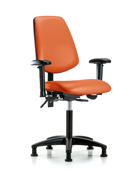 Blue Ridge Ergonomics VMBCH-MB-RG-T0-A1-NF-RG-8613 Rutledge Vinyl Chair - Medium Bench Height with Medium Back, Adjustable Arms, & Stationary Glides in Orange Kist Trailblazer™ Vinyl
