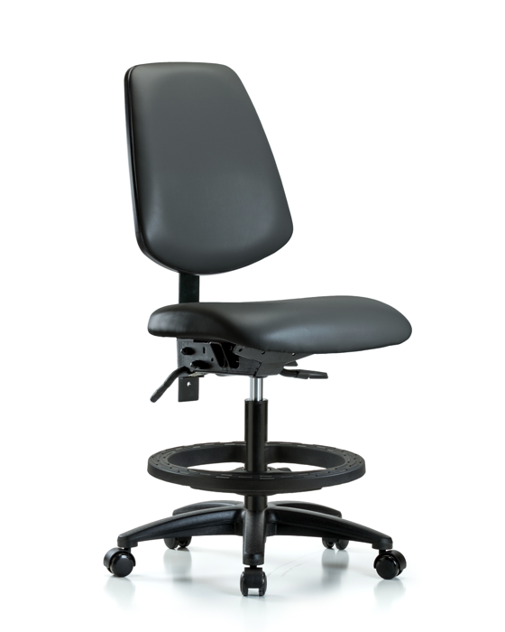 Blue Ridge Ergonomics VMBCH-MB-RG-T1-A0-BF-RC-8823 Rutledge Vinyl Chair - Medium Bench Height with Medium Back, Seat Tilt, Black Foot Ring, & Casters in Carbon Supernova™ Vinyl