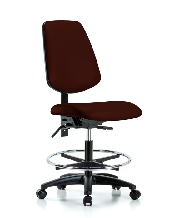 Blue Ridge Ergonomics VMBCH-MB-RG-T1-A0-CF-RC-8569 Rutledge Vinyl Chair - Medium Bench Height with Medium Back, Seat Tilt, Chrome Foot Ring, & Casters in Burgundy Trailblazer™ Vinyl