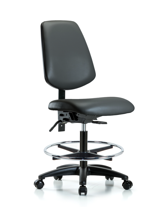 Blue Ridge Ergonomics VMBCH-MB-RG-T1-A0-CF-RC-8823 Rutledge Vinyl Chair - Medium Bench Height with Medium Back, Seat Tilt, Chrome Foot Ring, & Casters in Carbon Supernova™ Vinyl