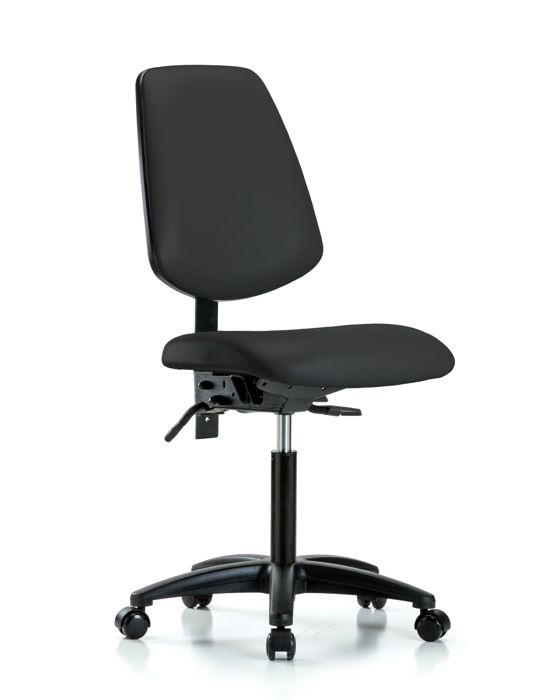 Blue Ridge Ergonomics VMBCH-MB-RG-T1-A0-NF-RC-8540 Rutledge Vinyl Chair - Medium Bench Height with Medium Back, Seat Tilt, & Casters in Black Trailblazer™ Vinyl