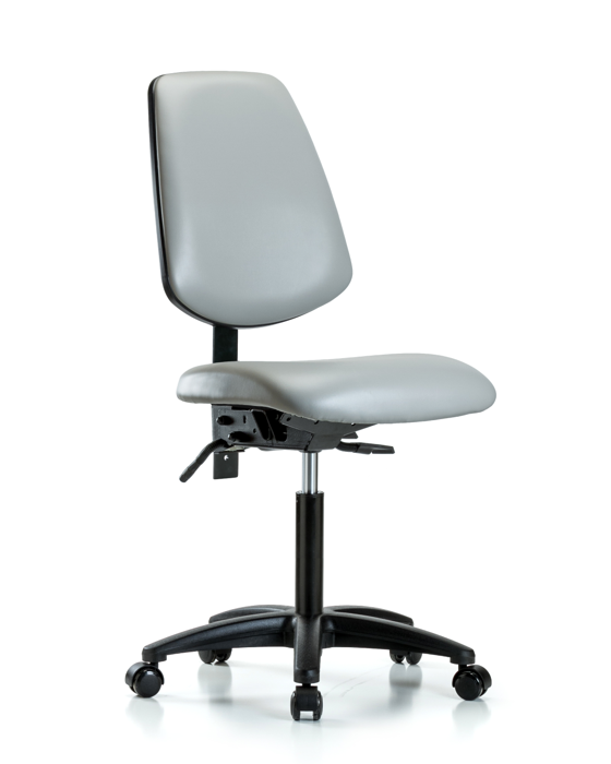 Blue Ridge Ergonomics VMBCH-MB-RG-T1-A0-NF-RC-8567 Rutledge Vinyl Chair - Medium Bench Height with Medium Back, Seat Tilt, & Casters in Dove Trailblazer™ Vinyl