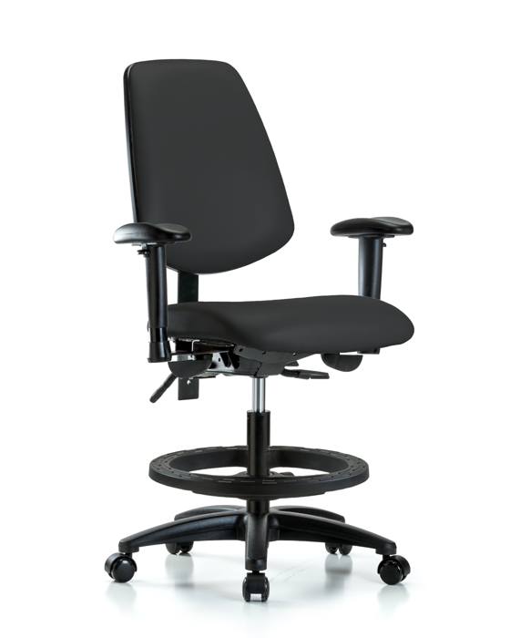Blue Ridge Ergonomics VMBCH-MB-RG-T1-A1-BF-RC-8540 Rutledge Vinyl Chair - Medium Bench Height with Medium Back, Seat Tilt, Adjustable Arms, Black Foot Ring, & Casters in Black Trailblazer™ Vinyl