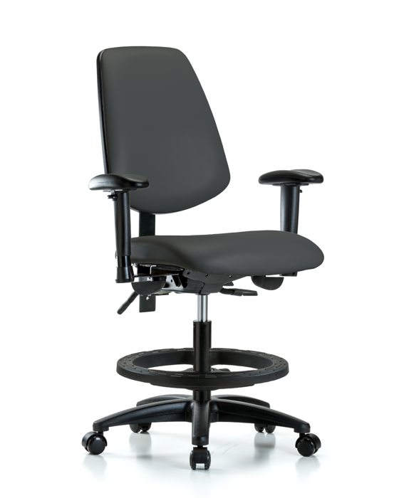 Blue Ridge Ergonomics VMBCH-MB-RG-T1-A1-BF-RC-8605 Rutledge Vinyl Chair - Medium Bench Height with Medium Back, Seat Tilt, Adjustable Arms, Black Foot Ring, & Casters in Charcoal Trailblazer™ Vinyl