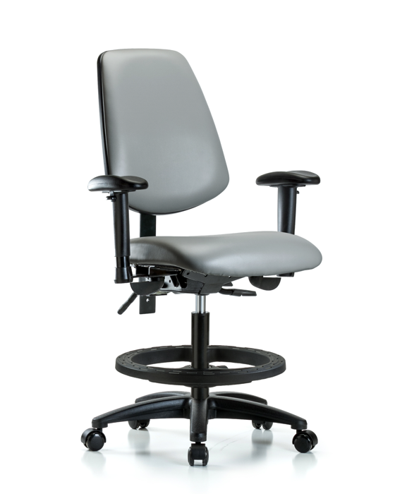 Blue Ridge Ergonomics VMBCH-MB-RG-T1-A1-BF-RC-8840 Rutledge Vinyl Chair - Medium Bench Height with Medium Back, Seat Tilt, Adjustable Arms, Black Foot Ring, & Casters in Sterling Supernova™ Vinyl