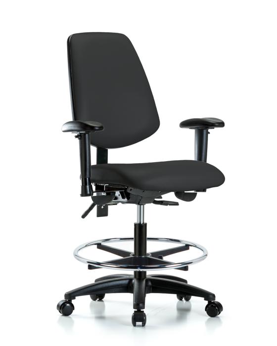 Blue Ridge Ergonomics VMBCH-MB-RG-T1-A1-CF-RC-8540 Rutledge Vinyl Chair - Medium Bench Height with Medium Back, Seat Tilt, Adjustable Arms, Chrome Foot Ring, & Casters in Black Trailblazer™ Vinyl