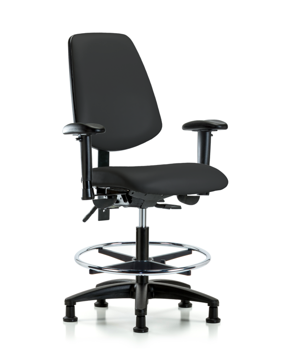 Blue Ridge Ergonomics VMBCH-MB-RG-T1-A1-CF-RG-8540 Rutledge Vinyl Chair - Medium Bench Height with Medium Back, Seat Tilt, Adjustable Arms, Chrome Foot Ring, & Stationary Glides in Black Trailblazer™ Vinyl
