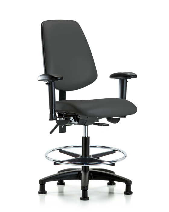 Blue Ridge Ergonomics VMBCH-MB-RG-T1-A1-CF-RG-8605 Rutledge Vinyl Chair - Medium Bench Height with Medium Back, Seat Tilt, Adjustable Arms, Chrome Foot Ring, & Stationary Glides in Charcoal Trailblazer™ Vinyl