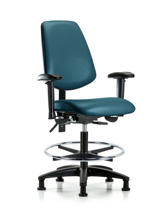Blue Ridge Ergonomics VMBCH-MB-RG-T1-A1-CF-RG-8801 Rutledge Vinyl Chair - Medium Bench Height with Medium Back, Seat Tilt, Adjustable Arms, Chrome Foot Ring, & Stationary Glides in Marine Blue Supernova™ Vinyl