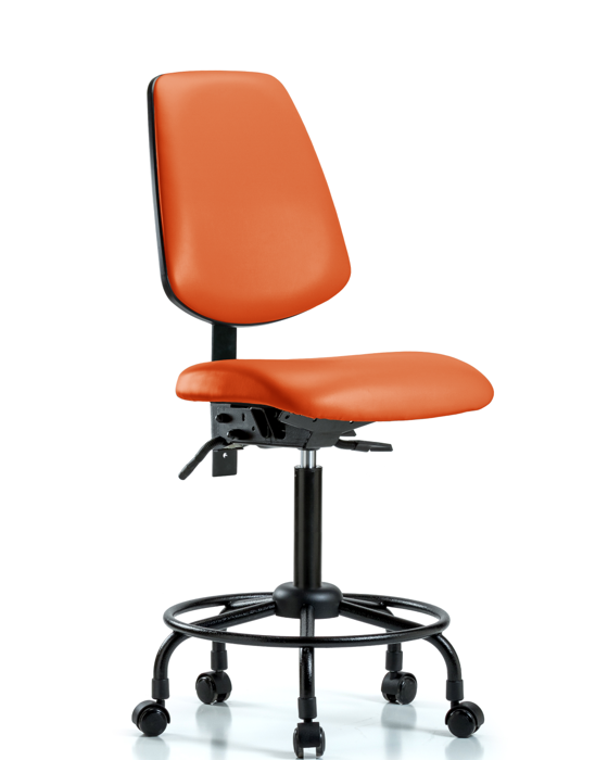 Blue Ridge Ergonomics VMBCH-MB-RT-T0-A0-RC-8613 Rutledge Vinyl Chair - Medium Bench Height with Round Tube Base, Medium Back, & Casters in Orange Kist Trailblazer™ Vinyl