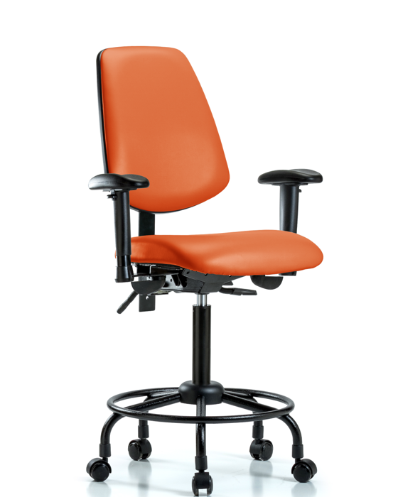 Blue Ridge Ergonomics VMBCH-MB-RT-T0-A1-RC-8613 Rutledge Vinyl Chair - Medium Bench Height with Round Tube Base, Medium Back, Adjustable Arms, & Casters in Orange Kist Trailblazer™ Vinyl