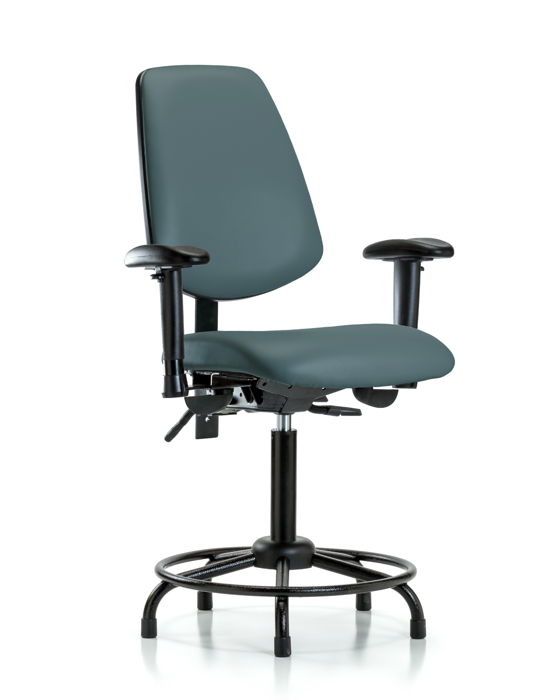 Blue Ridge Ergonomics VMBCH-MB-RT-T1-A1-RG-8546 Rutledge Vinyl Chair - Medium Bench Height with Round Tube Base, Medium Back, Seat Tilt, Adjustable Arms, & Stationary Glides in Colonial Blue Trailblazer™ Vinyl