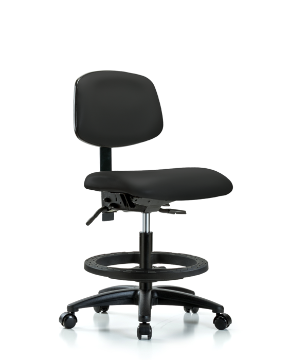Blue Ridge Ergonomics VMBCH-RG-T0-A0-BF-RC-8540 Rutledge Vinyl Chair - Medium Bench Height with Black Foot Ring & Casters in Black Trailblazer™ Vinyl