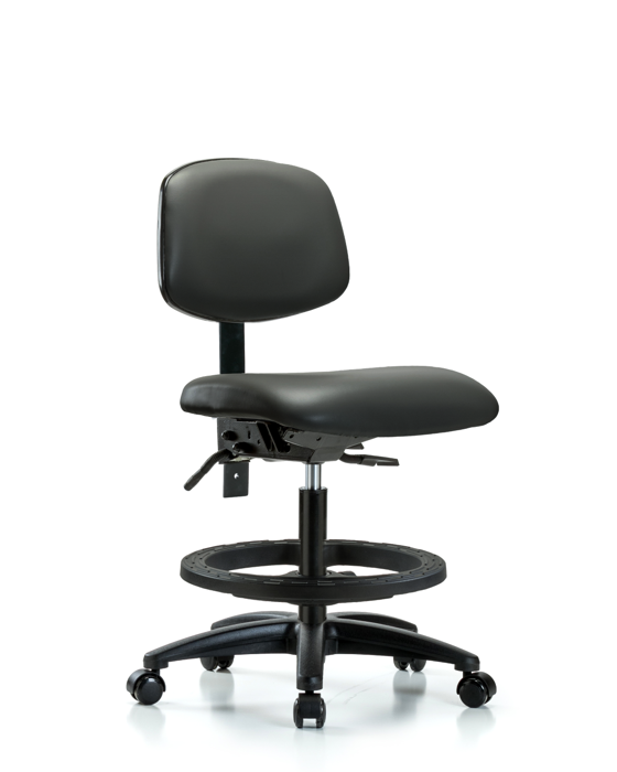 Blue Ridge Ergonomics VMBCH-RG-T0-A0-BF-RC-8823 Rutledge Vinyl Chair - Medium Bench Height with Black Foot Ring & Casters in Carbon Supernova™ Vinyl