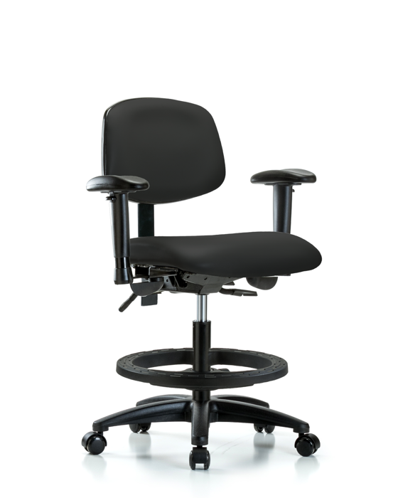 Blue Ridge Ergonomics VMBCH-RG-T0-A1-BF-RC-8540 Rutledge Vinyl Chair - Medium Bench Height with Adjustable Arms, Black Foot Ring, & Casters in Black Trailblazer™ Vinyl