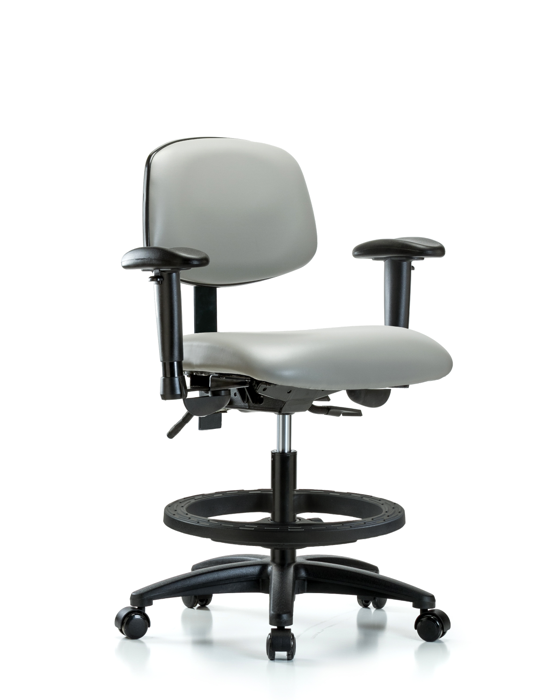 Blue Ridge Ergonomics VMBCH-RG-T0-A1-BF-RC-8567 Rutledge Vinyl Chair - Medium Bench Height with Adjustable Arms, Black Foot Ring, & Casters in Dove Trailblazer™ Vinyl