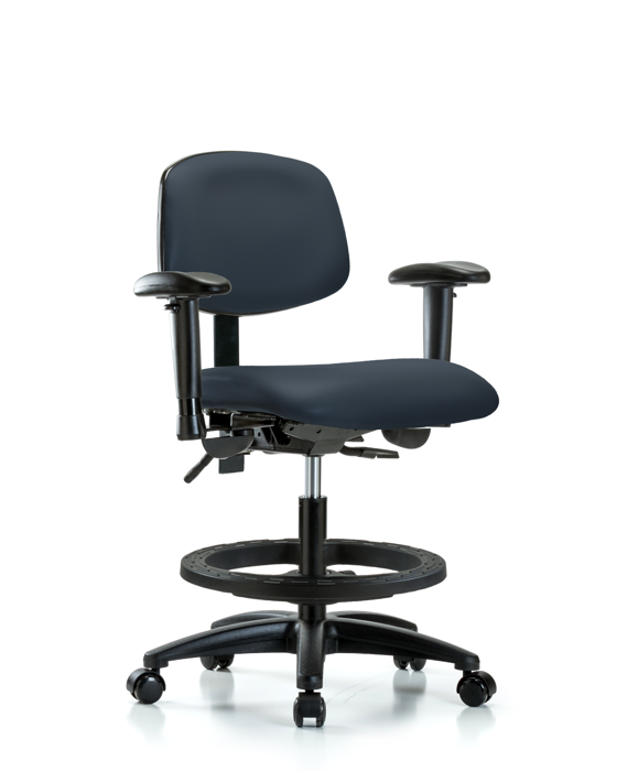 Blue Ridge Ergonomics VMBCH-RG-T0-A1-BF-RC-8582 Rutledge Vinyl Chair - Medium Bench Height with Adjustable Arms, Black Foot Ring, & Casters in Imperial Blue Trailblazer™ Vinyl