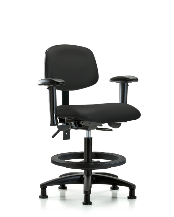 Blue Ridge Ergonomics VMBCH-RG-T0-A1-BF-RG-8540 Rutledge Vinyl Chair - Medium Bench Height with Adjustable Arms, Black Foot Ring, & Stationary Glides in Black Trailblazer™ Vinyl
