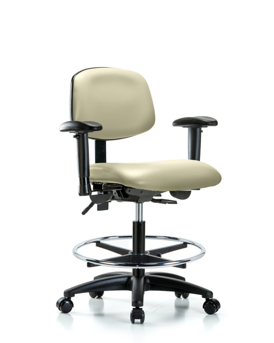 Blue Ridge Ergonomics VMBCH-RG-T0-A1-CF-RC-8501 Rutledge Vinyl Chair - Medium Bench Height with Adjustable Arms, Chrome Foot Ring, & Casters in Adobe White Trailblazer™ Vinyl