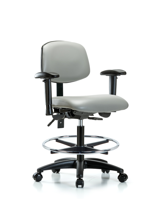 Blue Ridge Ergonomics VMBCH-RG-T0-A1-CF-RC-8567 Rutledge Vinyl Chair - Medium Bench Height with Adjustable Arms, Chrome Foot Ring, & Casters in Dove Trailblazer™ Vinyl