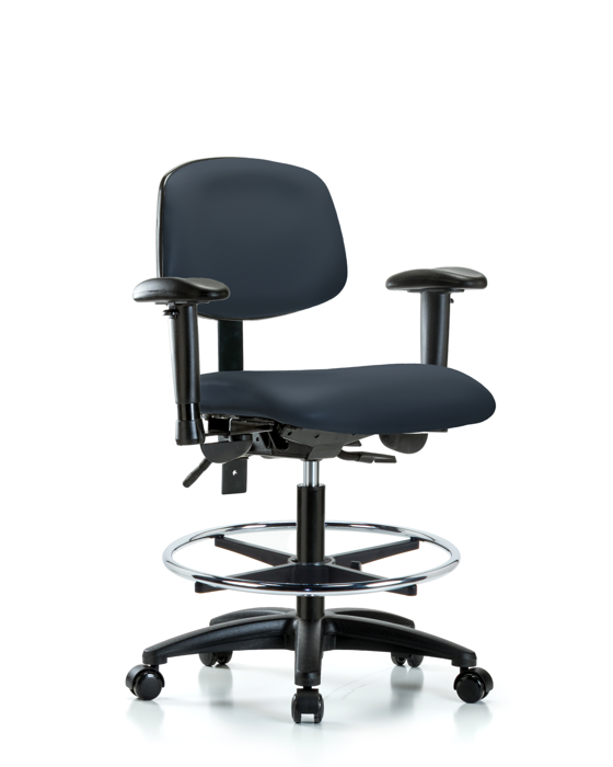 Blue Ridge Ergonomics VMBCH-RG-T0-A1-CF-RC-8582 Rutledge Vinyl Chair - Medium Bench Height with Adjustable Arms, Chrome Foot Ring, & Casters in Imperial Blue Trailblazer™ Vinyl