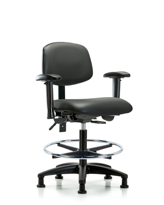 Blue Ridge Ergonomics VMBCH-RG-T0-A1-CF-RG-8823 Rutledge Vinyl Chair - Medium Bench Height with Adjustable Arms, Chrome Foot Ring, & Stationary Glides in Carbon Supernova™ Vinyl