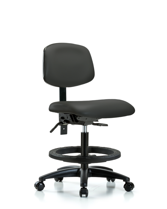 Blue Ridge Ergonomics VMBCH-RG-T1-A0-BF-RC-8605 Rutledge Vinyl Chair - Medium Bench Height with Seat Tilt, Black Foot Ring, & Casters in Charcoal Trailblazer™ Vinyl