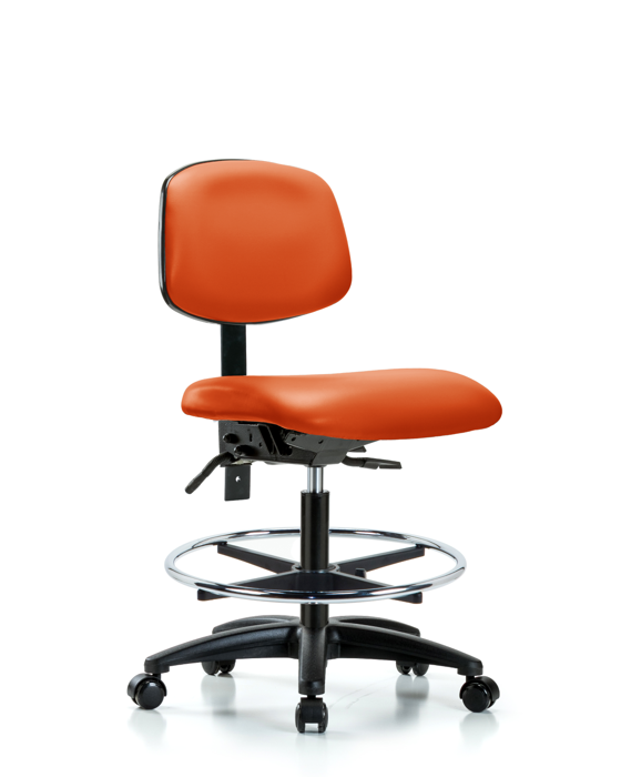 Blue Ridge Ergonomics VMBCH-RG-T1-A0-CF-RC-8613 Rutledge Vinyl Chair - Medium Bench Height with Seat Tilt, Chrome Foot Ring, & Casters in Orange Kist Trailblazer™ Vinyl