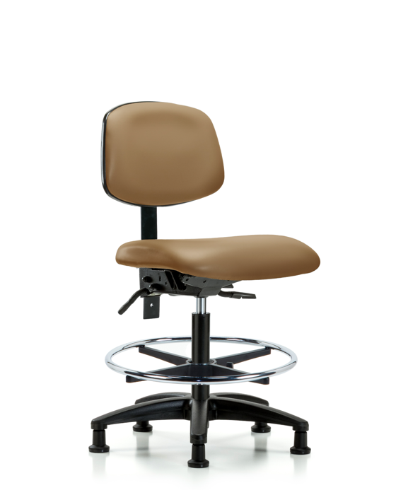 Blue Ridge Ergonomics VMBCH-RG-T1-A0-CF-RG-8584 Rutledge Vinyl Chair - Medium Bench Height with Seat Tilt, Chrome Foot Ring, & Stationary Glides in Taupe Trailblazer™ Vinyl