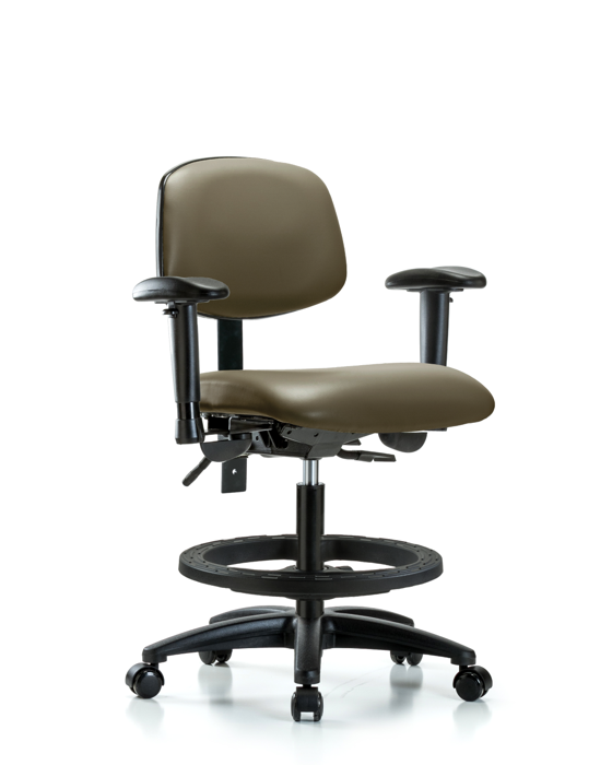 Blue Ridge Ergonomics VMBCH-RG-T1-A1-BF-RC-8809 Rutledge Vinyl Chair - Medium Bench Height with Seat Tilt, Adjustable Arms, Black Foot Ring, & Casters in Taupe Supernova™ Vinyl