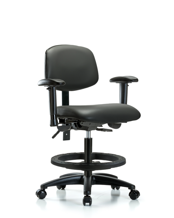 Blue Ridge Ergonomics VMBCH-RG-T1-A1-BF-RC-8823 Rutledge Vinyl Chair - Medium Bench Height with Seat Tilt, Adjustable Arms, Black Foot Ring, & Casters in Carbon Supernova™ Vinyl