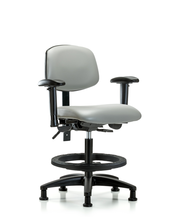 Blue Ridge Ergonomics VMBCH-RG-T1-A1-BF-RG-8567 Rutledge Vinyl Chair - Medium Bench Height with Seat Tilt, Adjustable Arms, Black Foot Ring, & Stationary Glides in Dove Trailblazer™ Vinyl