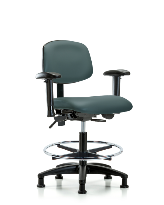Blue Ridge Ergonomics VMBCH-RG-T1-A1-CF-RG-8546 Rutledge Vinyl Chair - Medium Bench Height with Seat Tilt, Adjustable Arms, Chrome Foot Ring, & Stationary Glides in Colonial Blue Trailblazer™ Vinyl