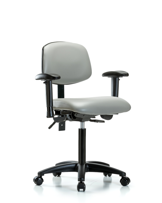 Blue Ridge Ergonomics VMBCH-RG-T1-A1-NF-RC-8567 Rutledge Vinyl Chair - Medium Bench Height with Seat Tilt, Adjustable Arms, & Casters in Dove Trailblazer™ Vinyl