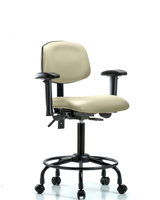 Blue Ridge Ergonomics VMBCH-RT-T0-A1-RC-8501 Rutledge Vinyl Chair - Medium Bench Height with Round Tube Base, Adjustable Arms, & Casters in Adobe White Trailblazer™ Vinyl