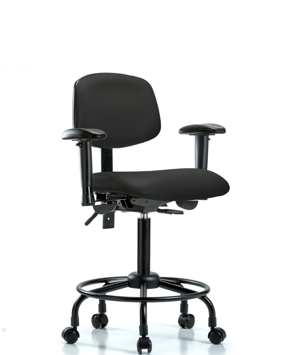 Blue Ridge Ergonomics VMBCH-RT-T0-A1-RC-8540 Rutledge Vinyl Chair - Medium Bench Height with Round Tube Base, Adjustable Arms, & Casters in Black Trailblazer™ Vinyl