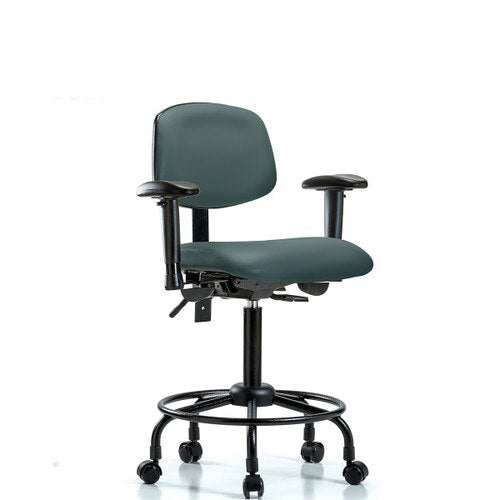Blue Ridge Ergonomics VMBCH-RT-T0-A1-RC-8546 Rutledge Vinyl Chair - Medium Bench Height with Round Tube Base, Adjustable Arms, & Casters in Colonial Blue Trailblazer™ Vinyl