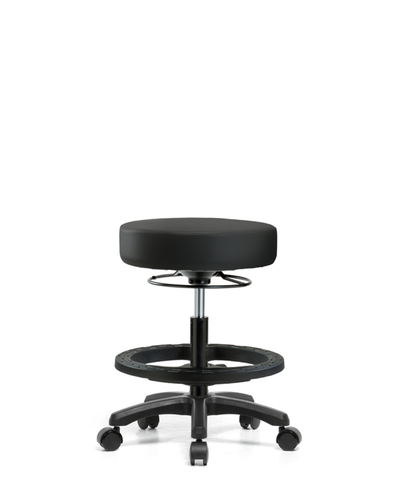 Blue Ridge Ergonomics VMBMS-RG-BF-RC-8540 Vinyl Mini-Stool - Medium Bench Height with Black Foot Ring & Casters in Black Trailblazer™ Vinyl