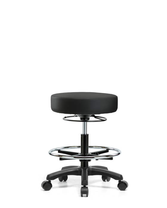 Blue Ridge Ergonomics VMBMS-RG-CF-RC-8540 Vinyl Mini-Stool - Medium Bench Height with Chrome Foot Ring & Casters in Black Trailblazer™ Vinyl