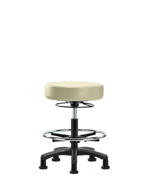 Blue Ridge Ergonomics VMBMS-RG-CF-RG-8501 Vinyl Mini-Stool - Medium Bench Height with Chrome Foot Ring & Stationary Glides in Adobe White Trailblazer™ Vinyl
