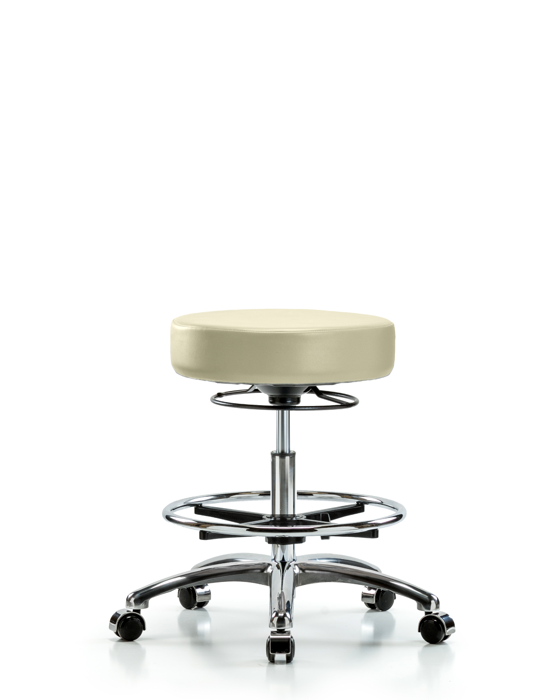 Blue Ridge Ergonomics VMBSO-CR-CF-CC-8501 Rutledge Vinyl Stool without Back Chrome - Medium Bench Height with Chrome Foot Ring & Casters in Adobe White Trailblazer™ Vinyl