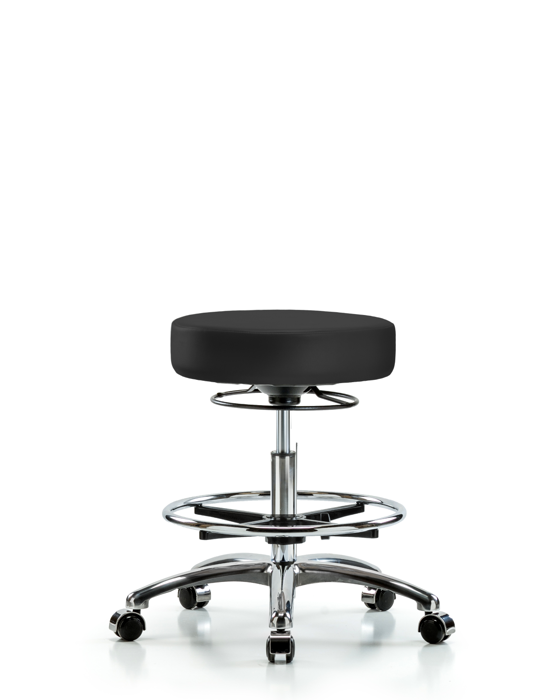 Blue Ridge Ergonomics VMBSO-CR-CF-CC-8605 Rutledge Vinyl Stool without Back Chrome - Medium Bench Height with Chrome Foot Ring & Casters in Charcoal Trailblazer™ Vinyl